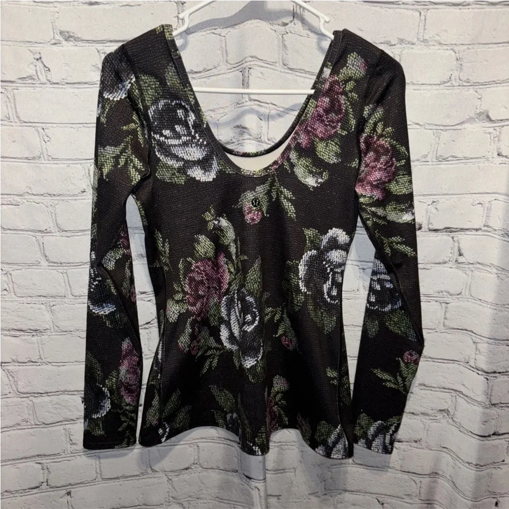Lululemon Long Sleeve Scoop Neck Floral Rose Green Pink White Black Shirt Sz 6 - Picture 5 of 7
